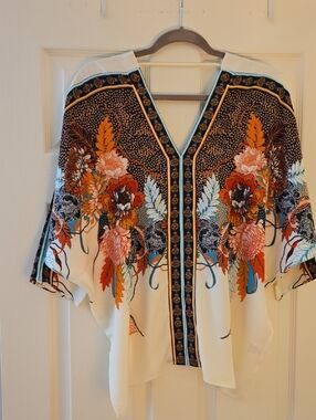 Rose & Olive Cream Kimono Tunic with Orange & Blue Floral Motif